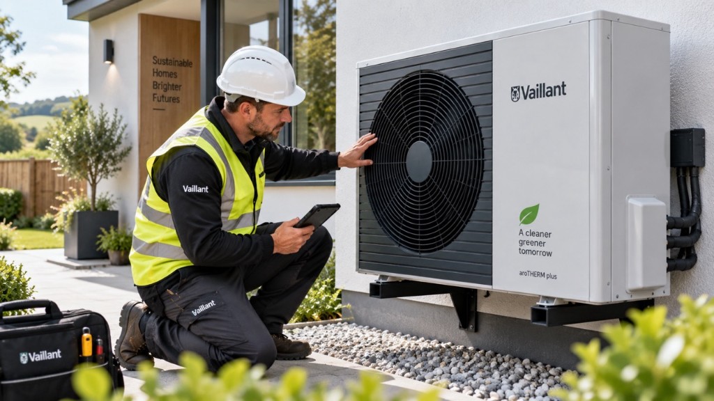 Engineer inspecting an air source heat pump on the side of a house