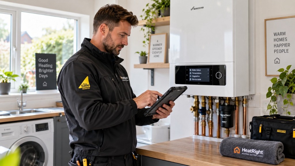 Engineer checking a boiler on a tablet during a service visit