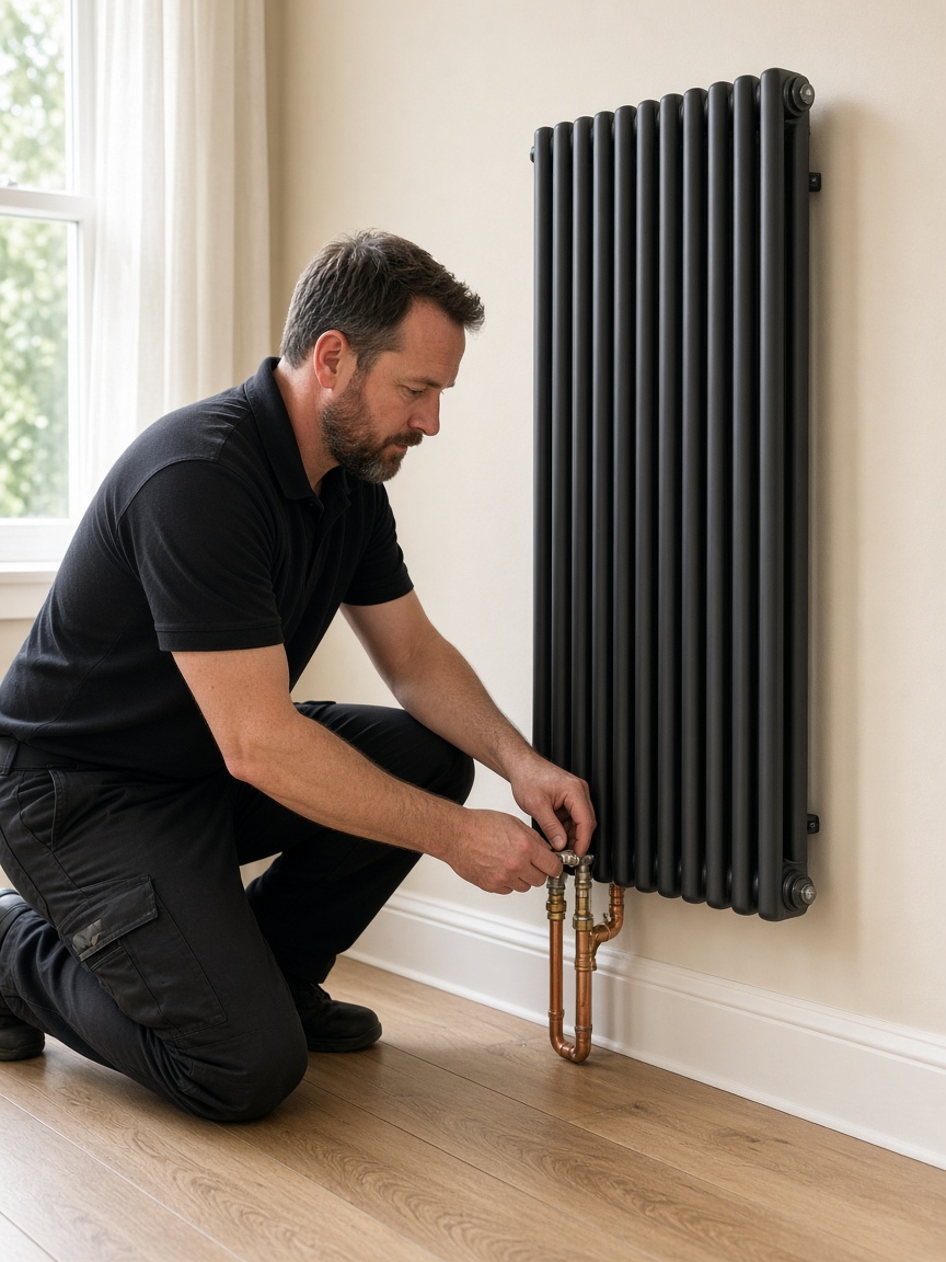 Heating engineer connecting a new vertical radiator